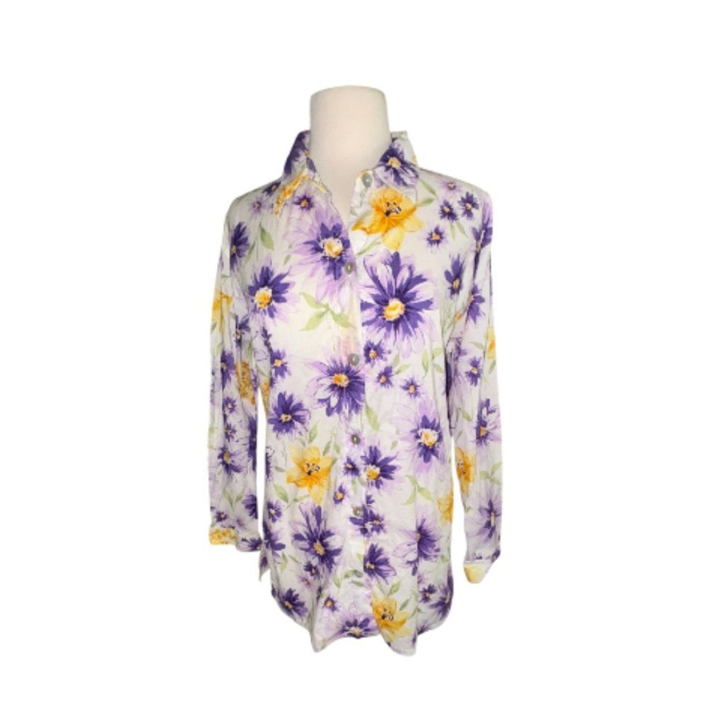 Susan Graver Style White Long Sleeve Button Down Top Floral Top